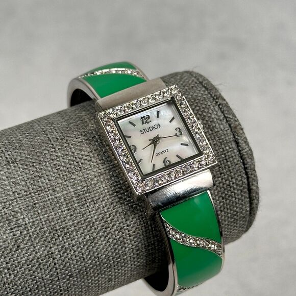 Studio Time Accessories - Studio Time Watch Womens Pave Crystal Green Enamel MOP Dial Clamper New Battery